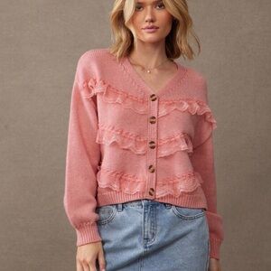 Brand new Zara Pink Lace-Ruffle V-Neck Cardigan - Size M